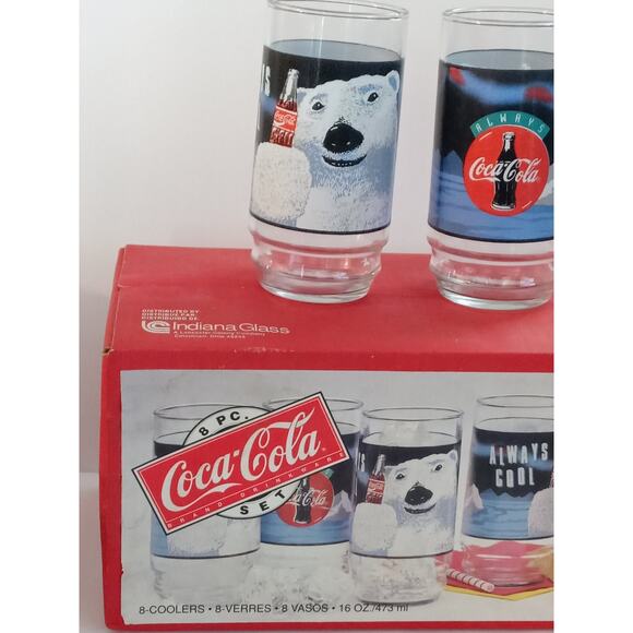 Vintage Coca Cola Polar Bears Indiana Glass Set of 8 Tumblers 16oz (hs) - Picture 3 of 6